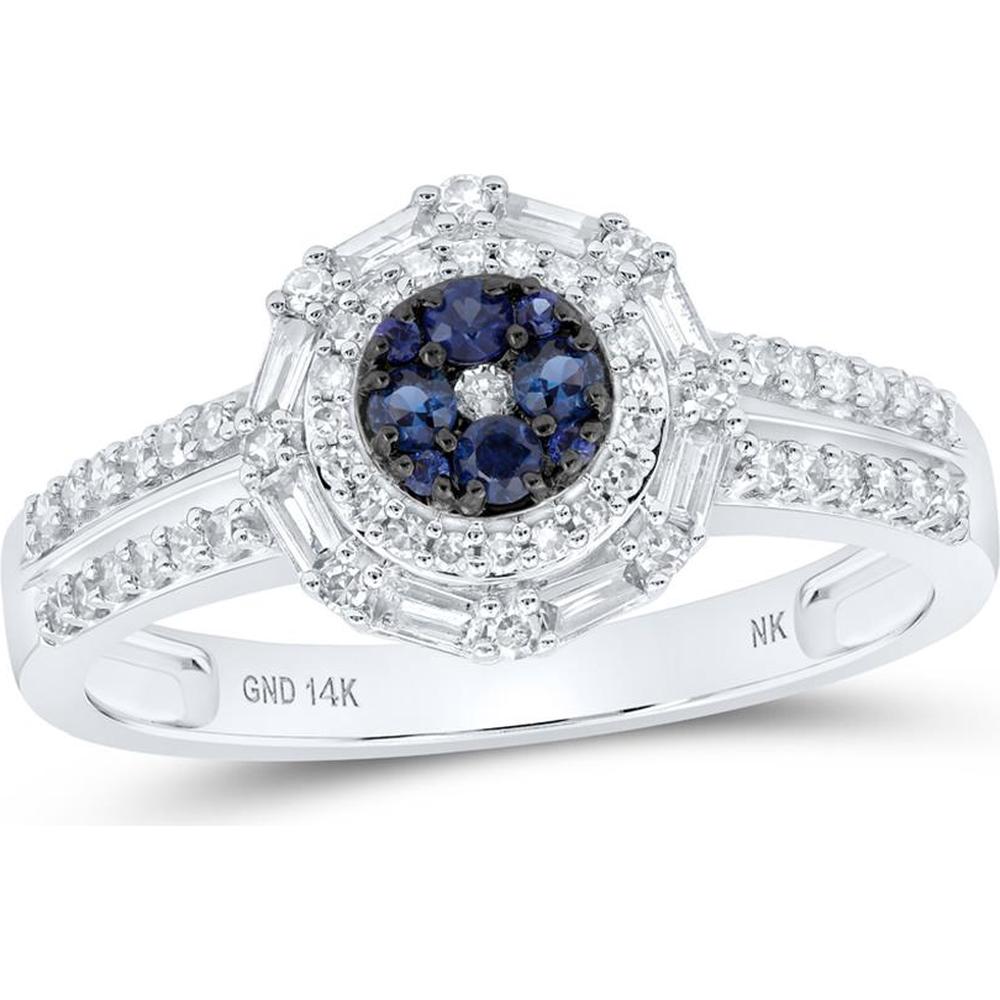 14K White Gold Round Blue Sapphire Cluster Ring with Baguette Diamonds - 1/2 Carat Total Gemstone Weight