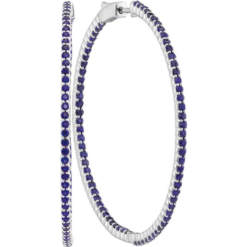 14K White Gold Round Blue Sapphire Slender Hoop Earrings - 4.33 Carat Total Gemstone Weight