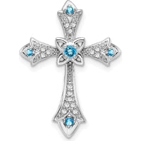 14K White Gold Round Blue Topaz and Diamond Fleur de Lis Cross Pendant Slide - 0.107 Carat Total Gem Weight by Lumare Gioia