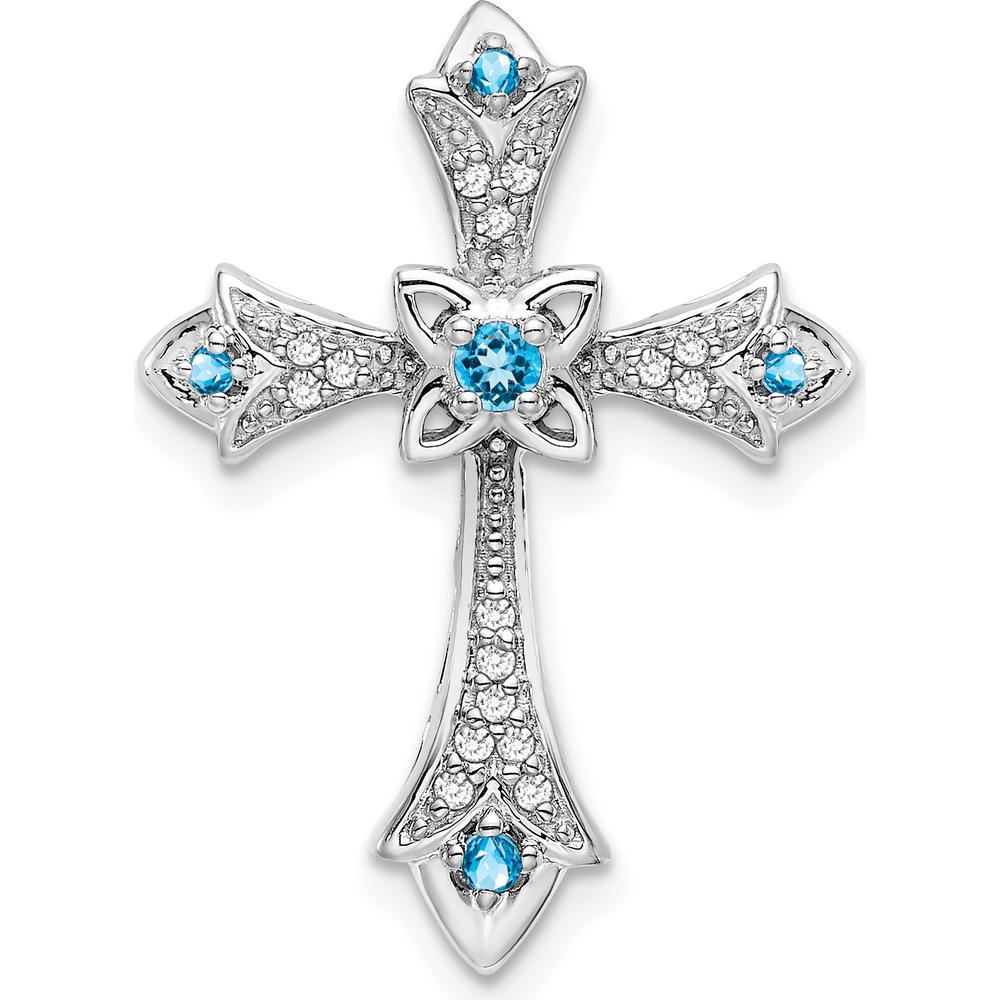 14K White Gold Round Blue Topaz and Diamond Fleur de Lis Cross Pendant Slide - 0.107 Carat Total Gem Weight by Lumare Gioia