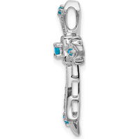 14K White Gold Round Blue Topaz and Diamond Fleur de Lis Cross Pendant Slide - 0.107 Carat Total Gem Weight by Lumare Gioia