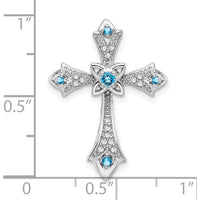14K White Gold Round Blue Topaz and Diamond Fleur de Lis Cross Pendant Slide - 0.107 Carat Total Gem Weight by Lumare Gioia