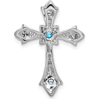 14K White Gold Round Blue Topaz and Diamond Fleur de Lis Cross Pendant Slide - 0.107 Carat Total Gem Weight by Lumare Gioia