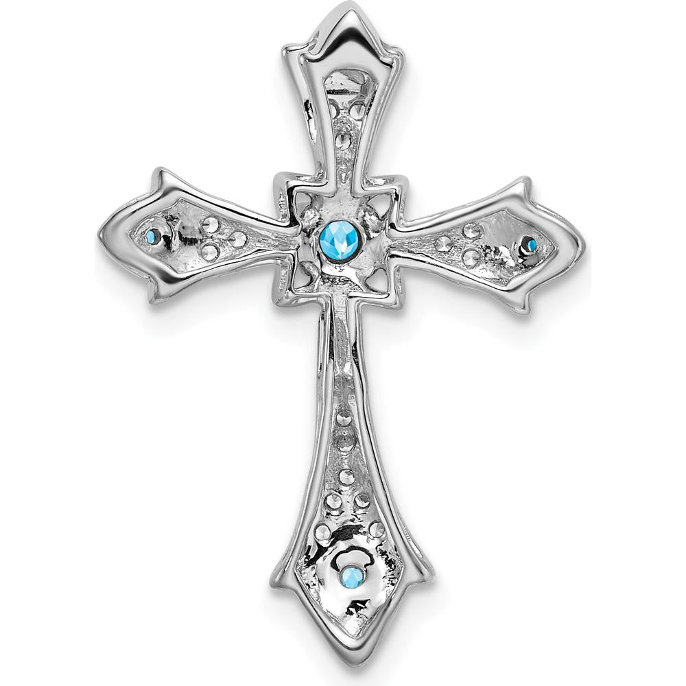 14K White Gold Round Blue Topaz and Diamond Fleur de Lis Cross Pendant Slide - 0.107 Carat Total Gem Weight by Lumare Gioia