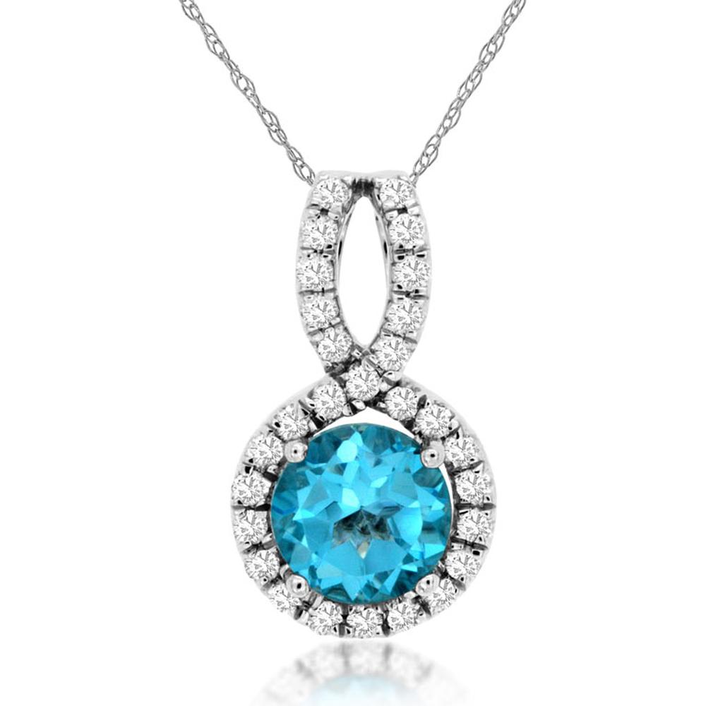 14K White Gold Round Blue Topaz and Diamond Halo Pendant with 1.00 Carat Blue Topaz and 0.20 Carat Total Diamond Weight - Royal Jewelry