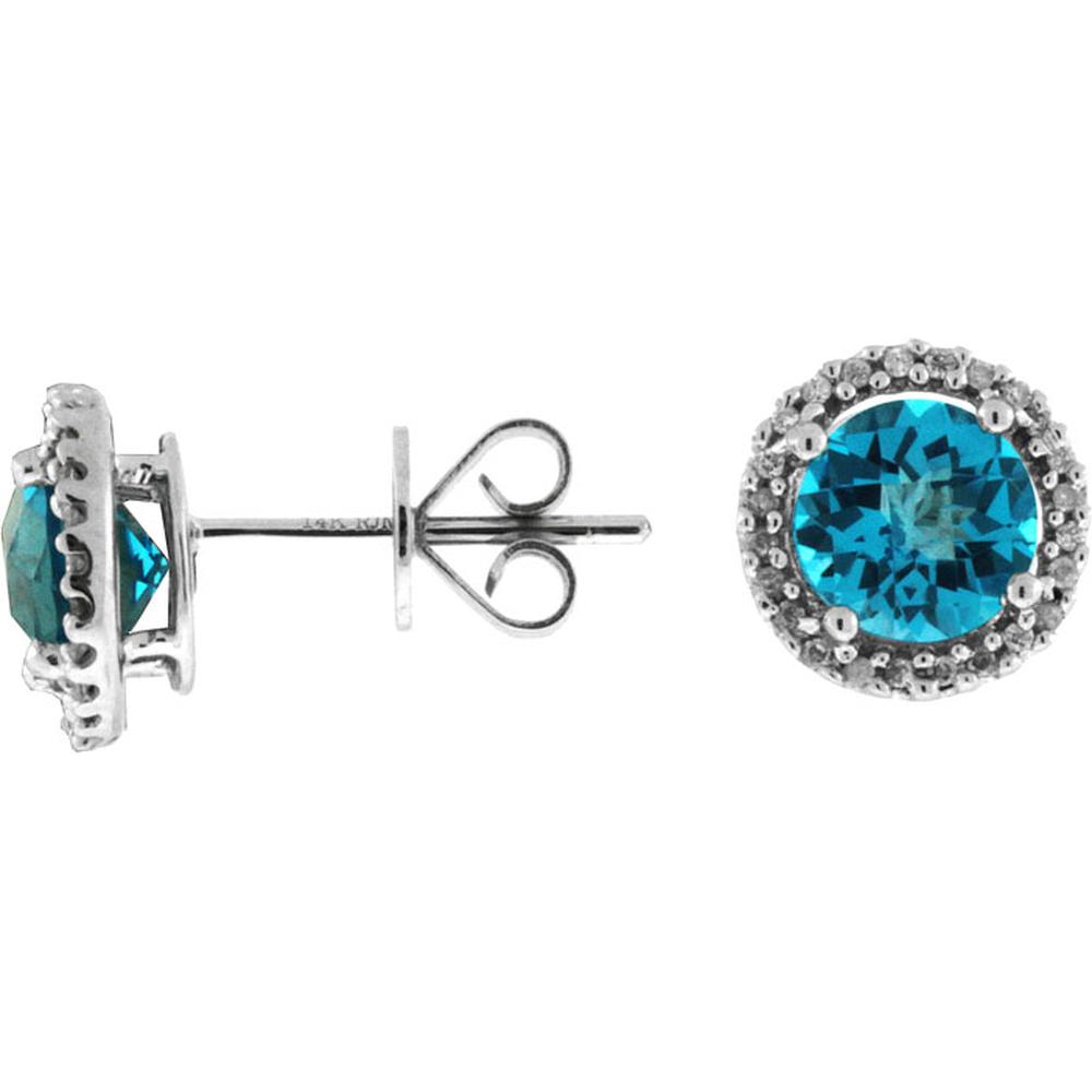 14K White Gold Round Blue Topaz and Diamond Halo Stud Earrings - 2.50 Carat Total Blue Topaz Weight and 0.15 Carat Total Diamond Weight - Royal Jewelry