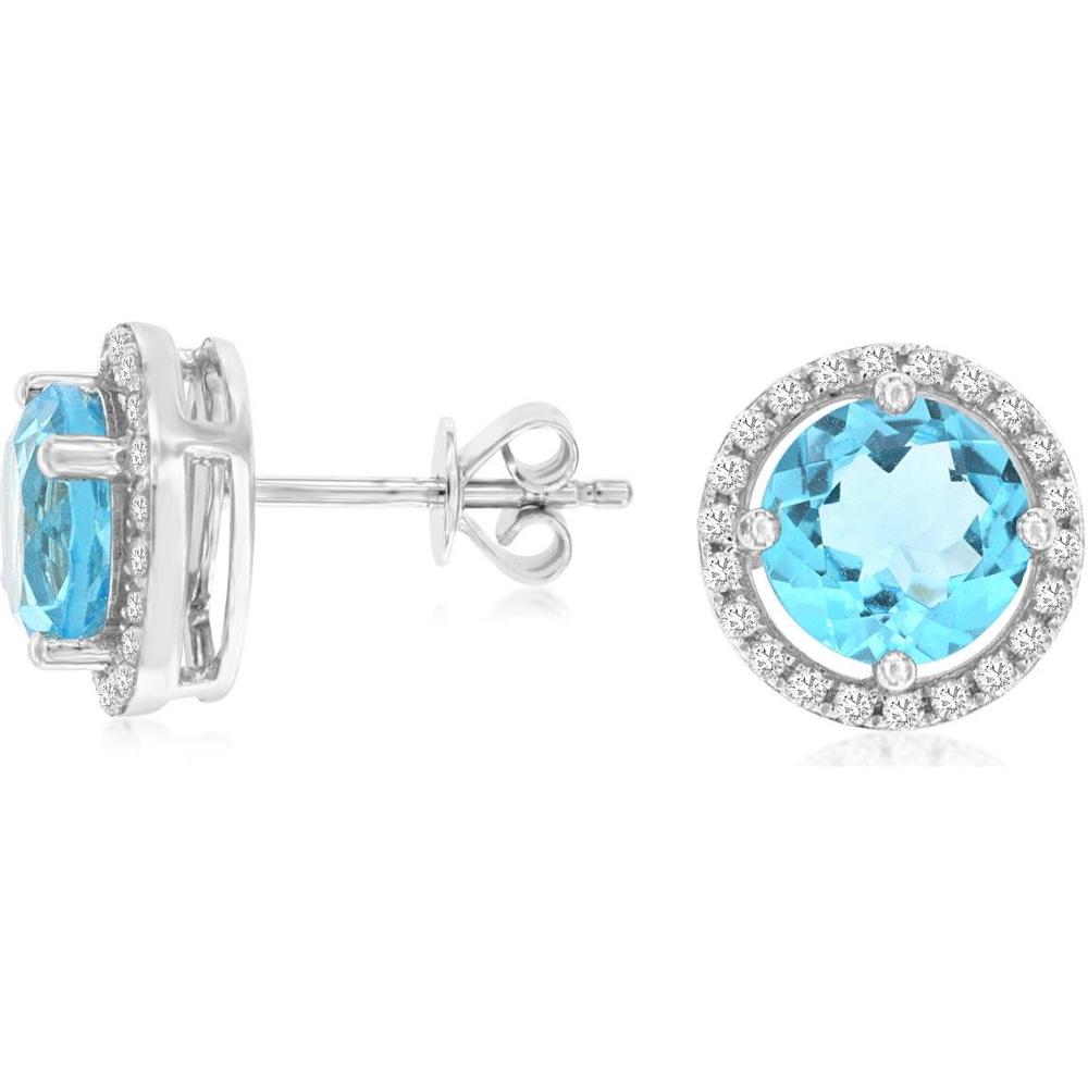 14K White Gold Round Blue Topaz and Diamond Halo Stud Earrings - 3.50 Carat Total Blue Topaz Weight, 0.23 Carat Total Diamond Weight - Royal Jewelry