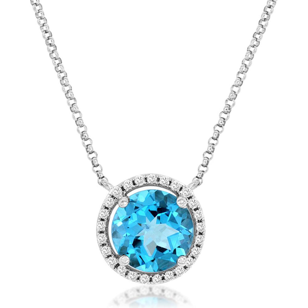 14K White Gold Round Blue Topaz Halo Pendant with Diamond Accents - 2.50 Carat Blue Topaz and 0.14 Carat Total Diamond Weight - Royal Jewelry