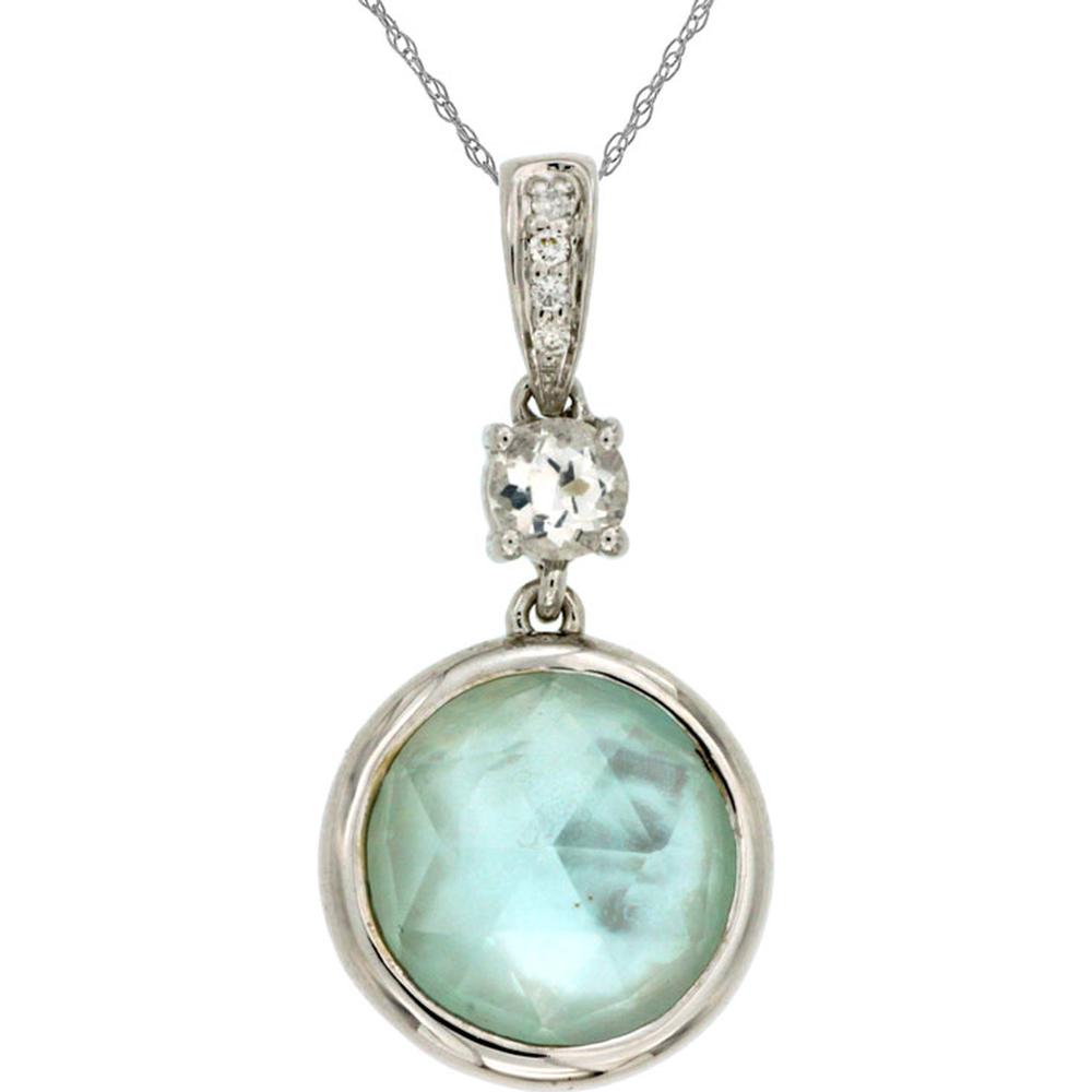 14K White Gold Round Blue Topaz Pendant with Diamond Accent - 4.30 Carat Blue Topaz and 0.02 Carat Diamond Weight - Royal Jewelry
