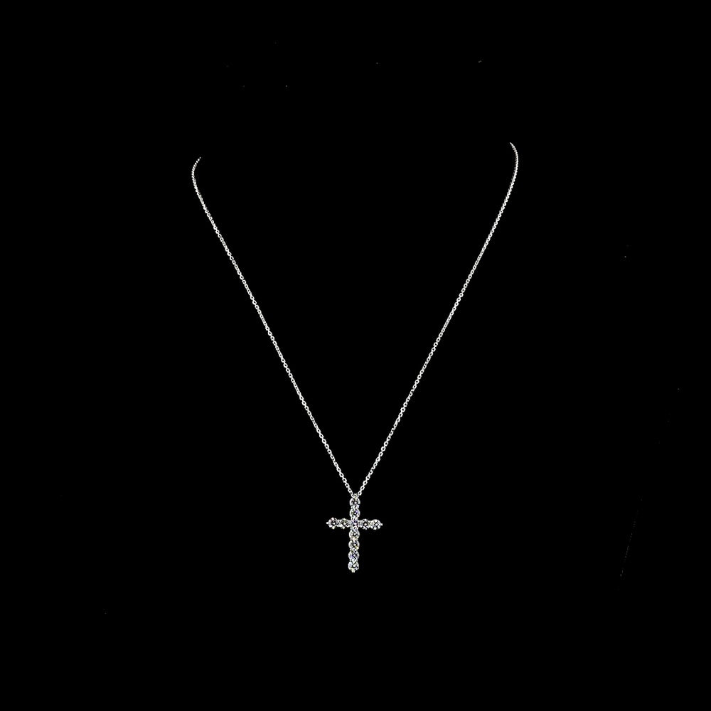 14K White Gold Round Brilliant Cut Lab Diamond Cross Pendant - 1.00 Carat Total Weight with 11 Prong-Set Stones (E-F Color, VS1 Clarity) - Covaloro Fine Jewelry