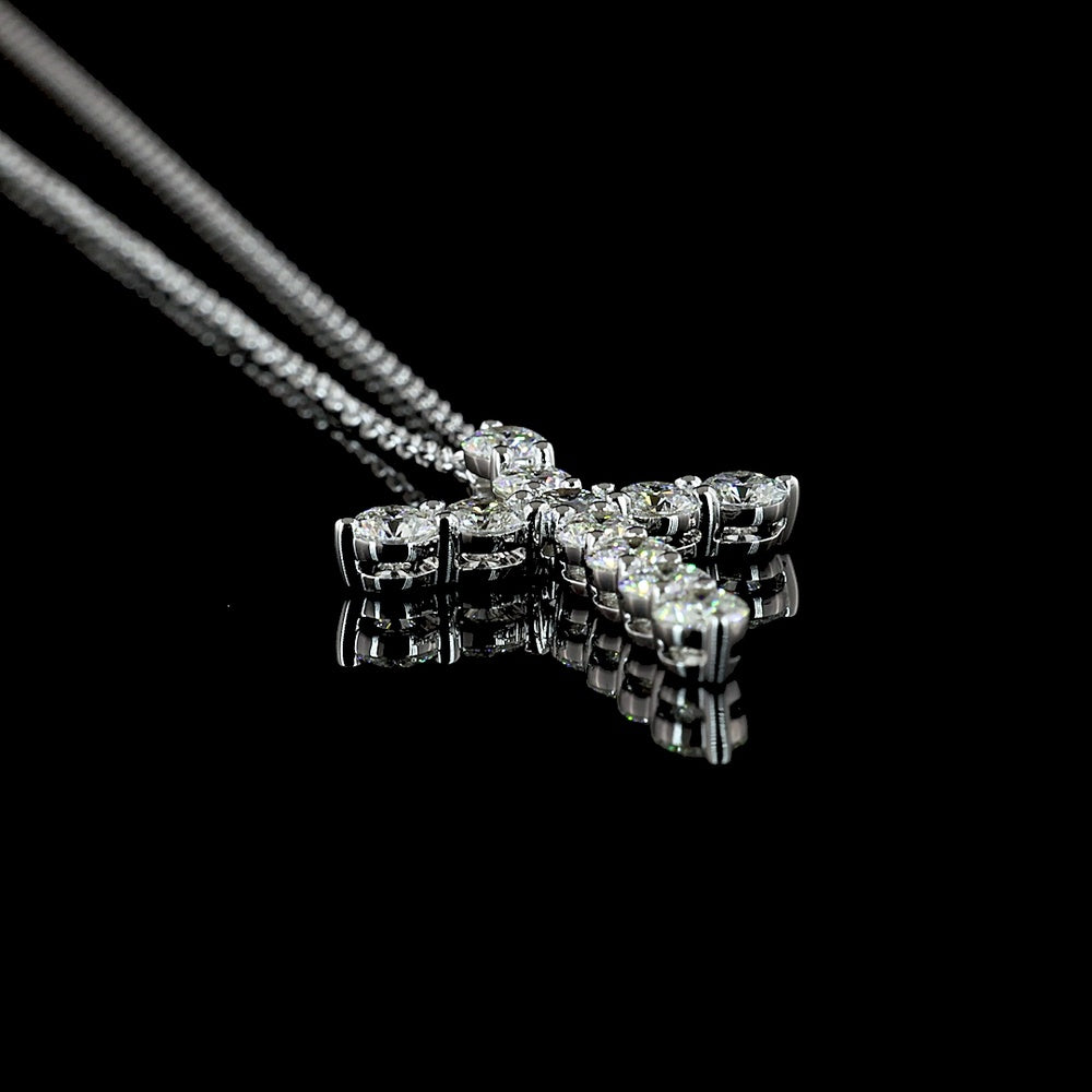 14K White Gold Round Brilliant Cut Lab Diamond Cross Pendant - 1.00 Carat Total Weight with 11 Prong-Set Stones (E-F Color, VS1 Clarity) - Covaloro Fine Jewelry