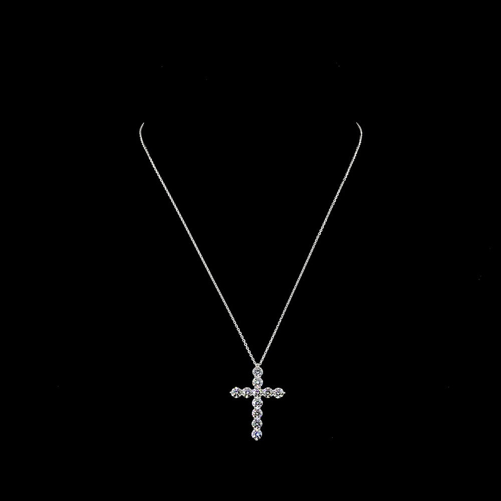14K White Gold Round Brilliant Cut Lab Diamond Cross Pendant - 2.98 Carat Total Diamond Weight with 11 Prong Set Stones - Covaloro Fine Jewelry