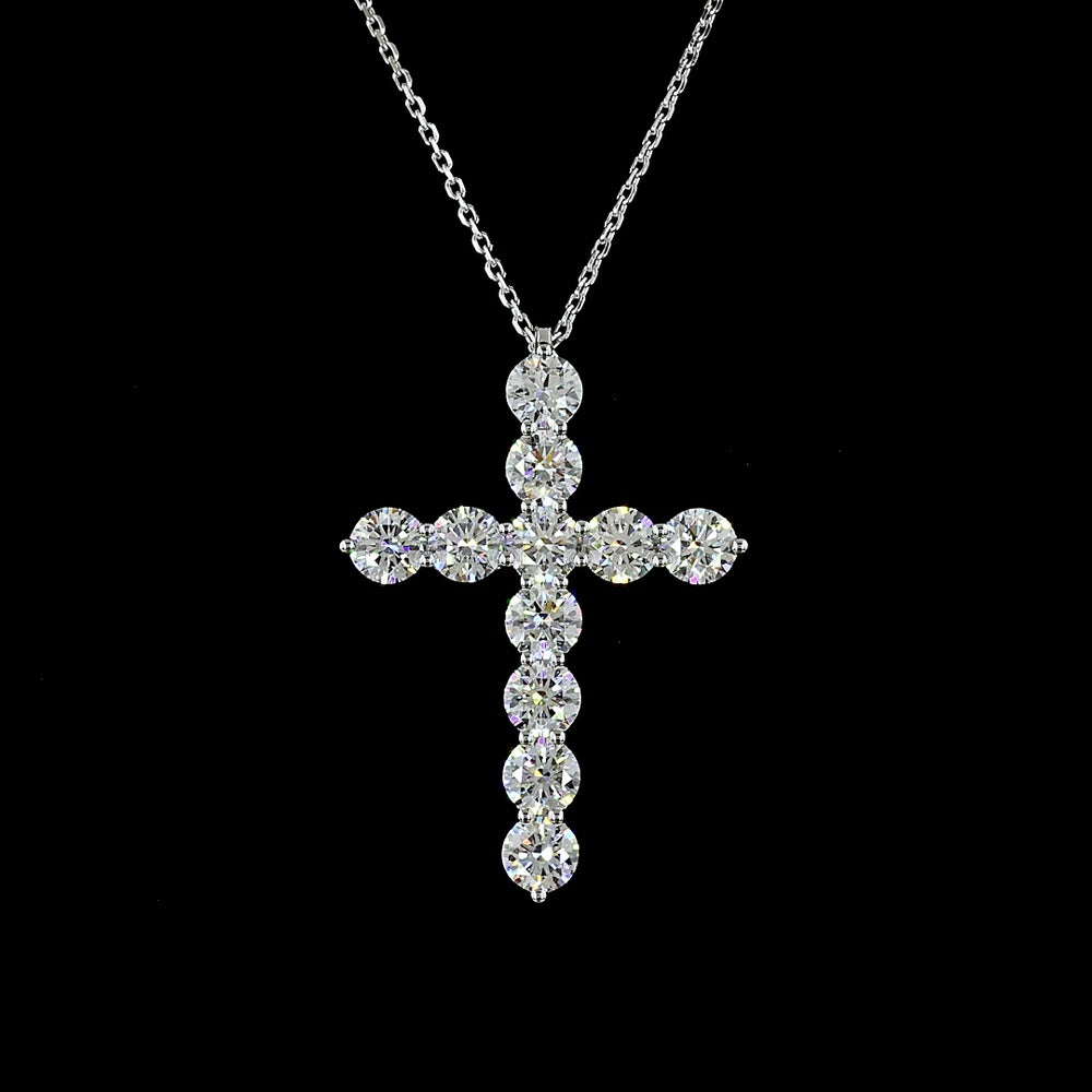 14K White Gold Round Brilliant Cut Lab Diamond Cross Pendant - 2.98 Carat Total Diamond Weight with 11 Prong Set Stones - Covaloro Fine Jewelry