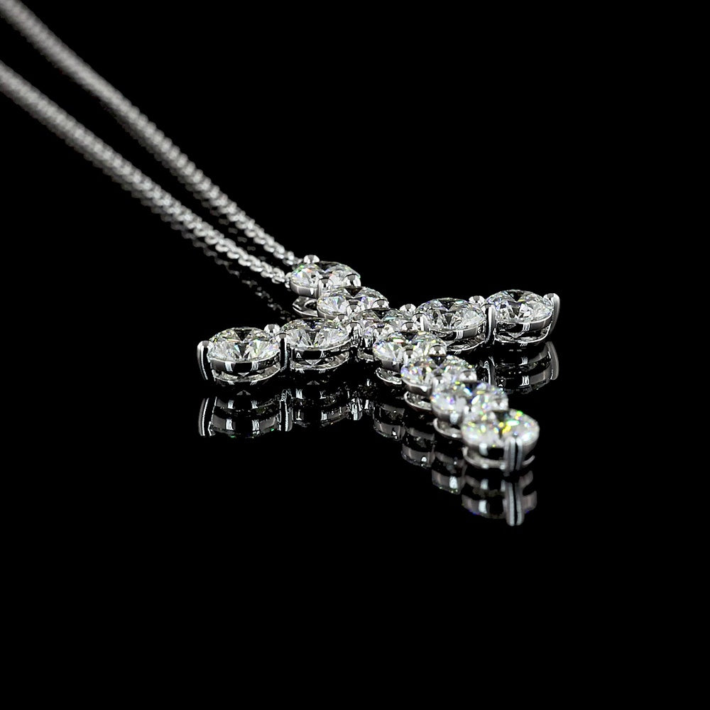 14K White Gold Round Brilliant Cut Lab Diamond Cross Pendant - 2.98 Carat Total Diamond Weight with 11 Prong Set Stones - Covaloro Fine Jewelry