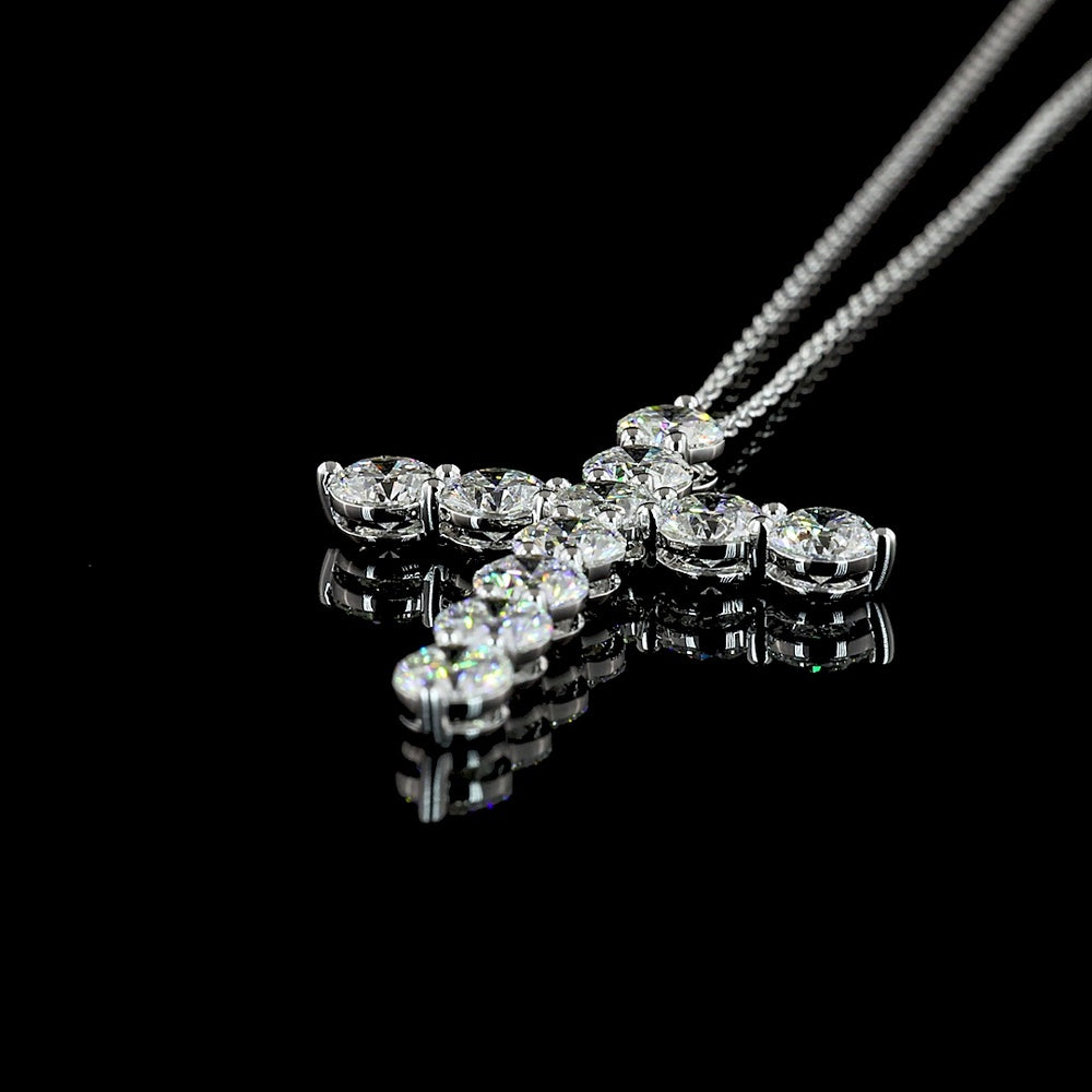 14K White Gold Round Brilliant Cut Lab Diamond Cross Pendant - 2.98 Carat Total Diamond Weight with 11 Prong Set Stones - Covaloro Fine Jewelry