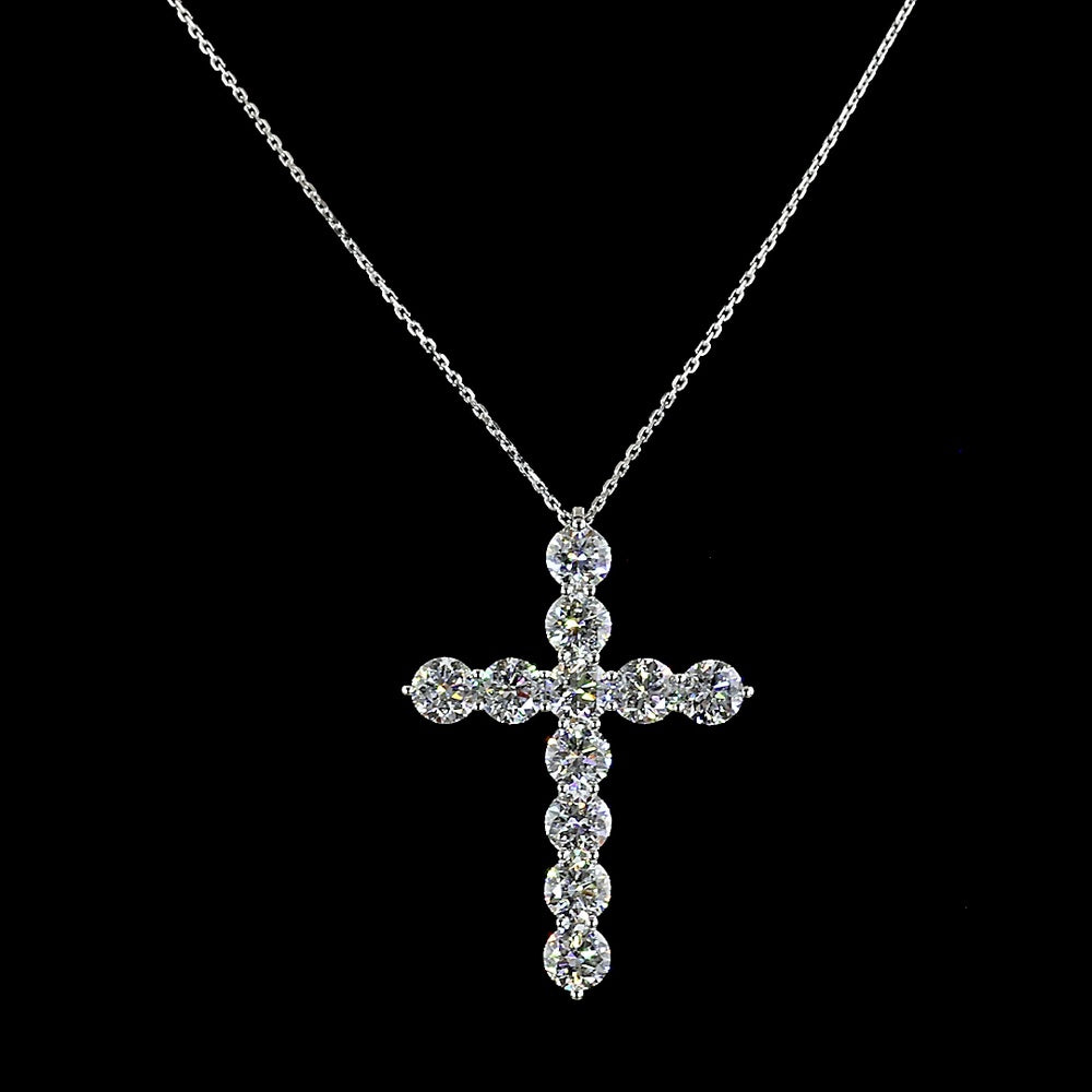 14K White Gold Round Brilliant Cut Lab Diamond Cross Pendant - 5.58 Carat Total Diamond Weight, F Color VS2 Clarity, 11 Stones - Covaloro Fine Jewelry