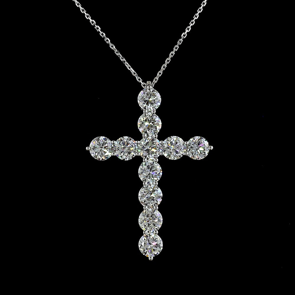 14K White Gold Round Brilliant Cut Lab Diamond Cross Pendant - 5.58 Carat Total Diamond Weight, F Color VS2 Clarity, 11 Stones - Covaloro Fine Jewelry
