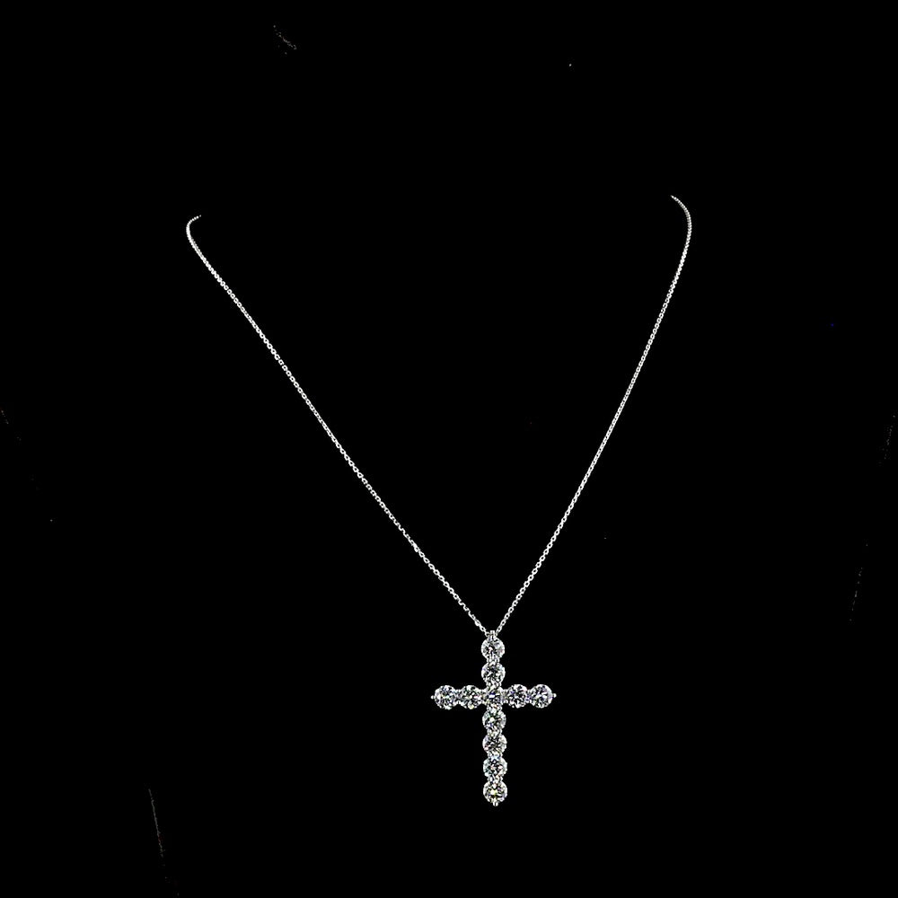 14K White Gold Round Brilliant Cut Lab Diamond Cross Pendant - 5.58 Carat Total Diamond Weight, F Color VS2 Clarity, 11 Stones - Covaloro Fine Jewelry