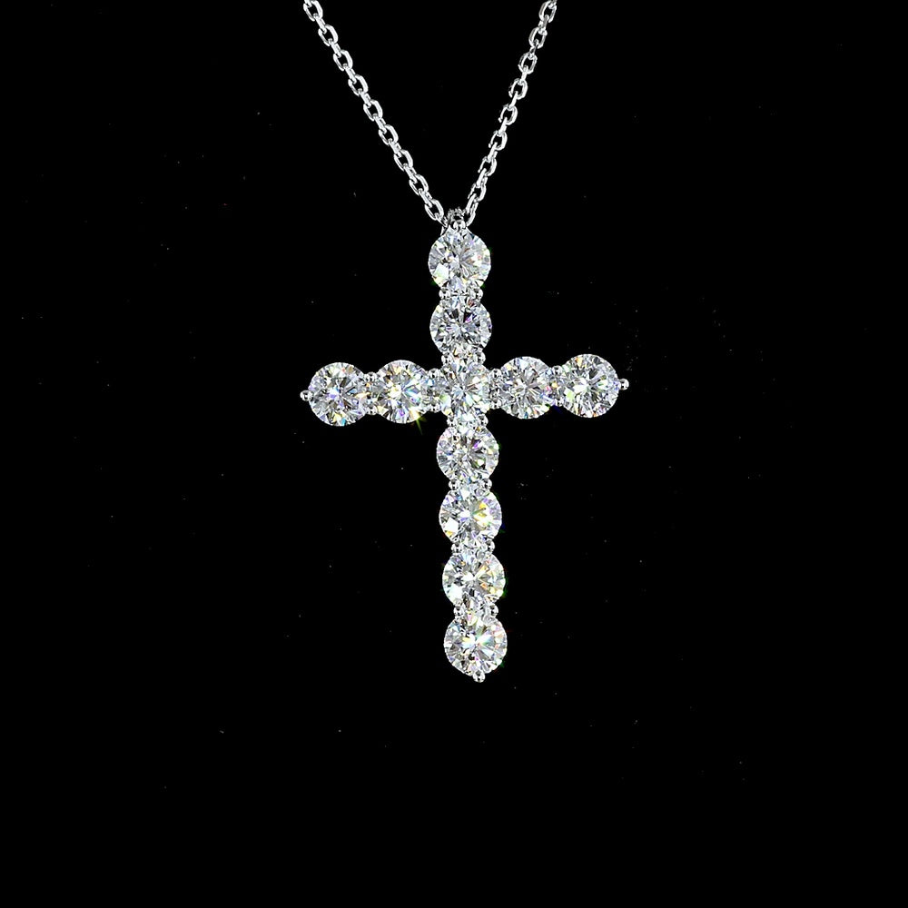 14K White Gold Round Brilliant Cut Lab Diamond Cross Pendant with Prong Setting and 11 Stones - 2.09 Carat Total Diamond Weight - Covaloro Fine Jewelry