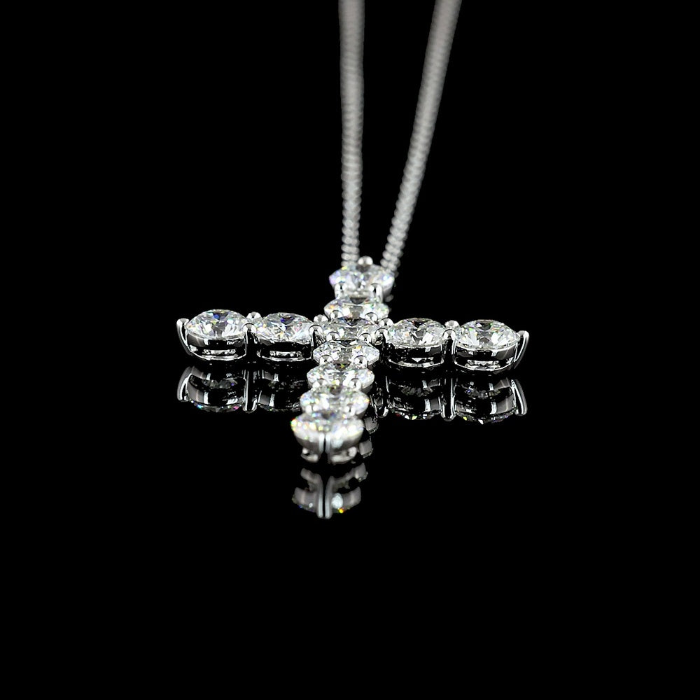 14K White Gold Round Brilliant Cut Lab Diamond Cross Pendant with Prong Setting and 11 Stones - 2.09 Carat Total Diamond Weight - Covaloro Fine Jewelry