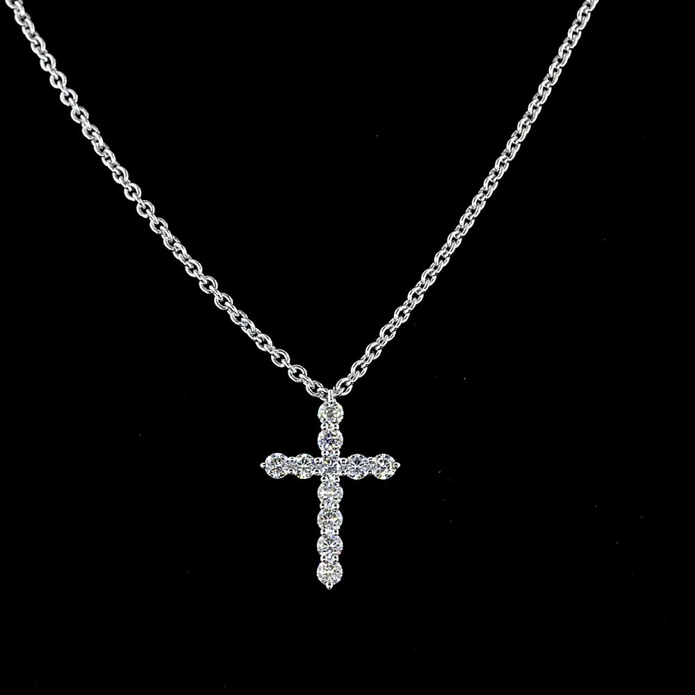 14K White Gold Round Brilliant Lab Diamond Cross Pendant - 0.62 Carats Total Diamond Weight (E-F Color, VS1 Clarity, 11 Prong-Set Stones) - Covaloro Fine Jewelry