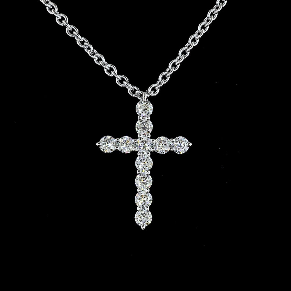 14K White Gold Round Brilliant Lab Diamond Cross Pendant - 0.62 Carats Total Diamond Weight (E-F Color, VS1 Clarity, 11 Prong-Set Stones) - Covaloro Fine Jewelry