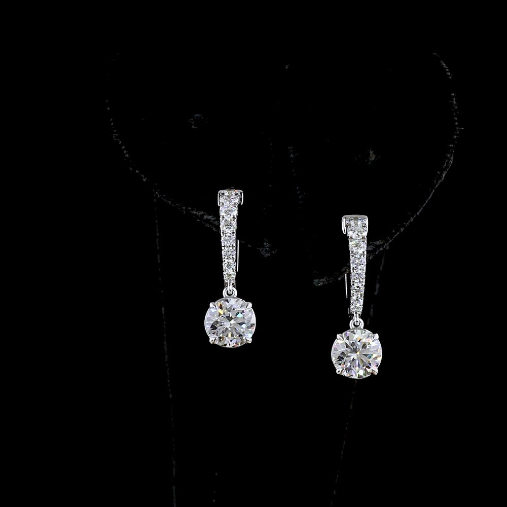 14K White Gold Round Brilliant Lab Diamond Drop Earrings with Hinged Bars - 2.53 Carats Total Diamond Weight - Covaloro Fine Jewelry