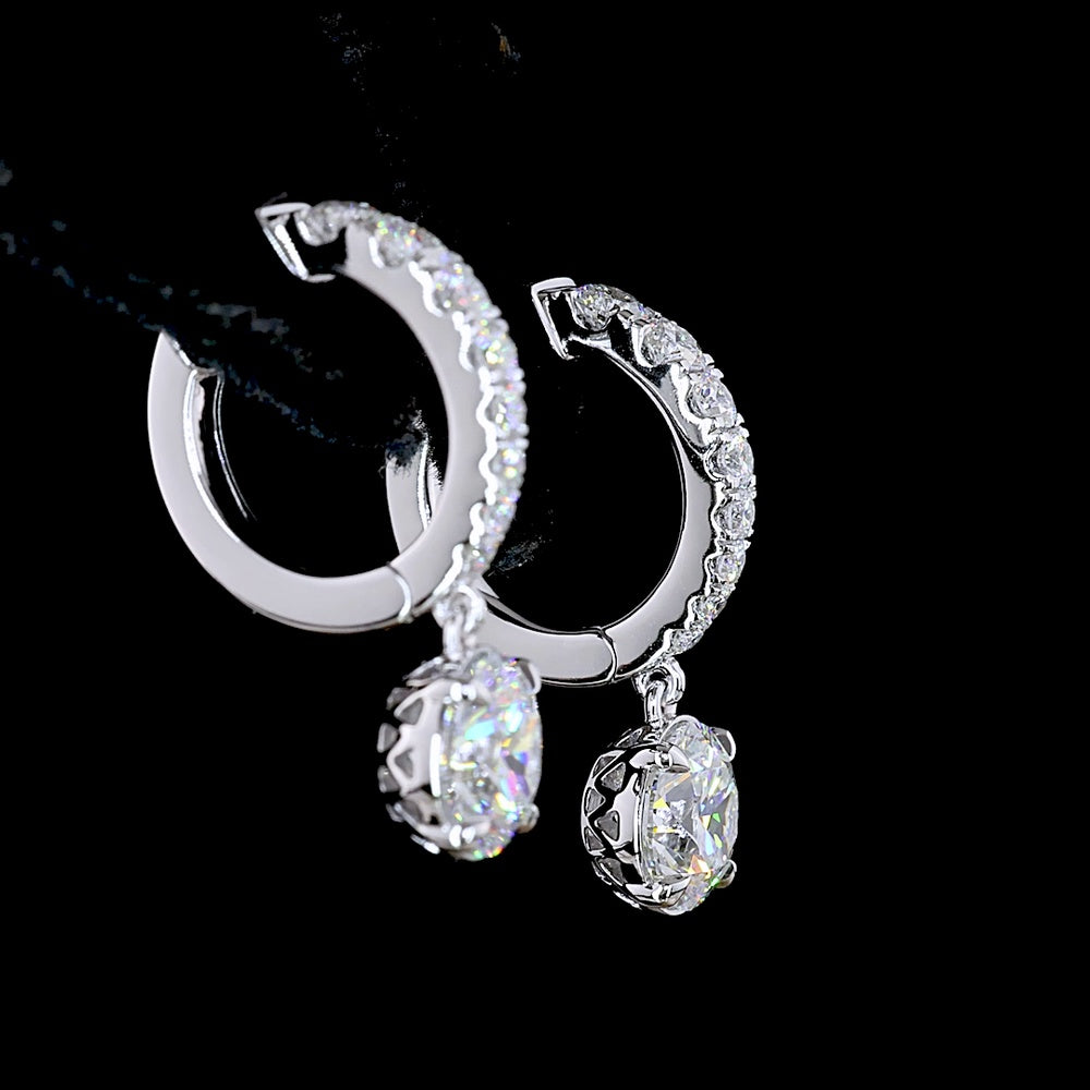 14K White Gold Round Brilliant Lab Diamond Drop Earrings with Hinged Bars - 2.53 Carats Total Diamond Weight - Covaloro Fine Jewelry