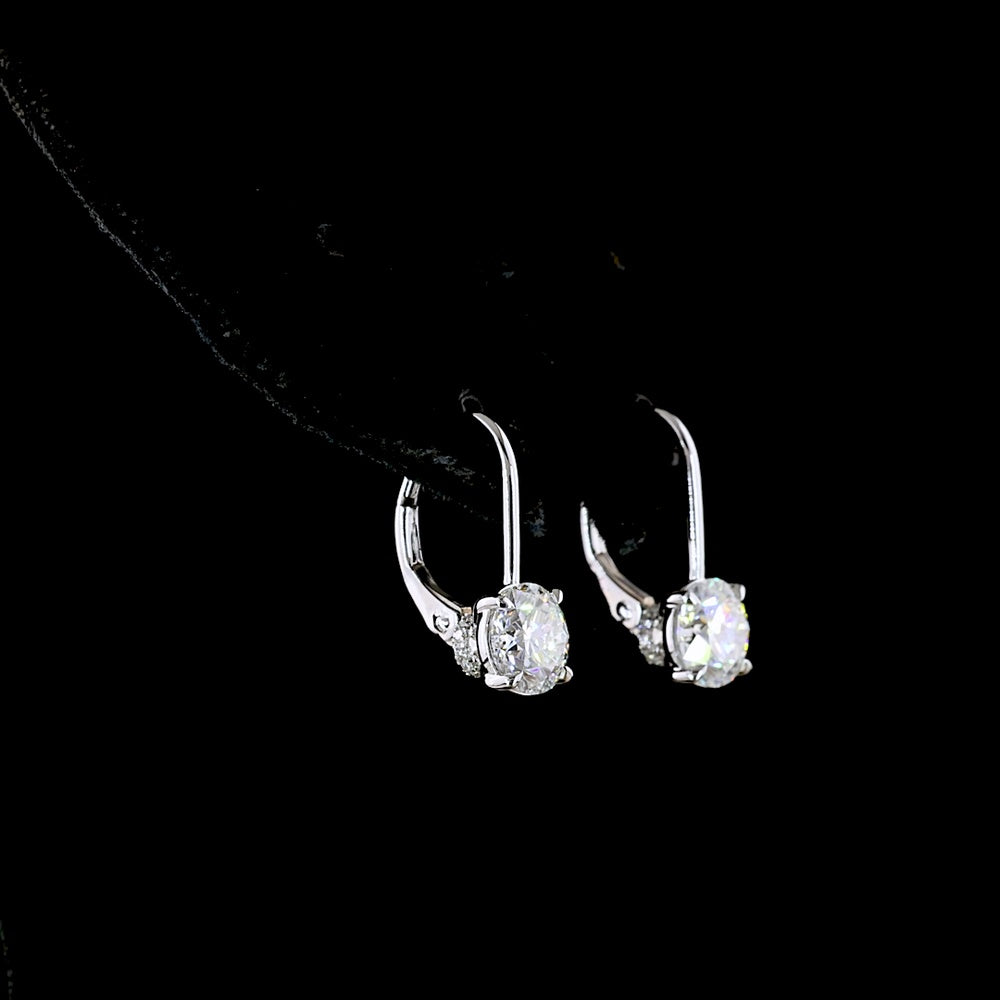 14K White Gold Round Brilliant Lab Diamond Hanging Earrings with Accent Stones - 3.10 Carat Total Diamond Weight - Covaloro Fine Jewelry