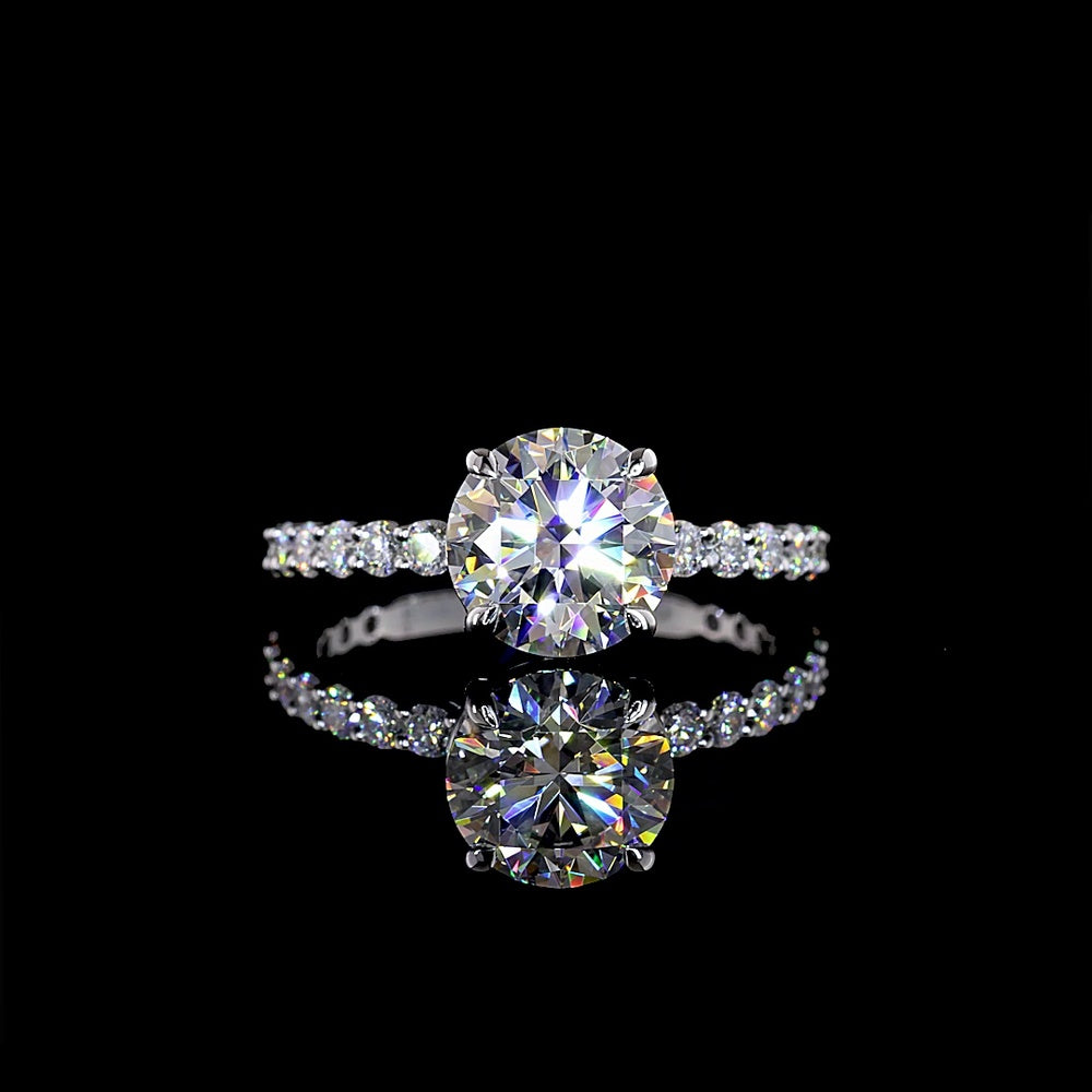 14K White Gold Round Brilliant Lab Diamond Solitaire Shank Ring with Accent Stones - 2.67 Carats Total Diamond Weight, F VVS2 Center IGI Certified - Covaloro Fine Jewelry