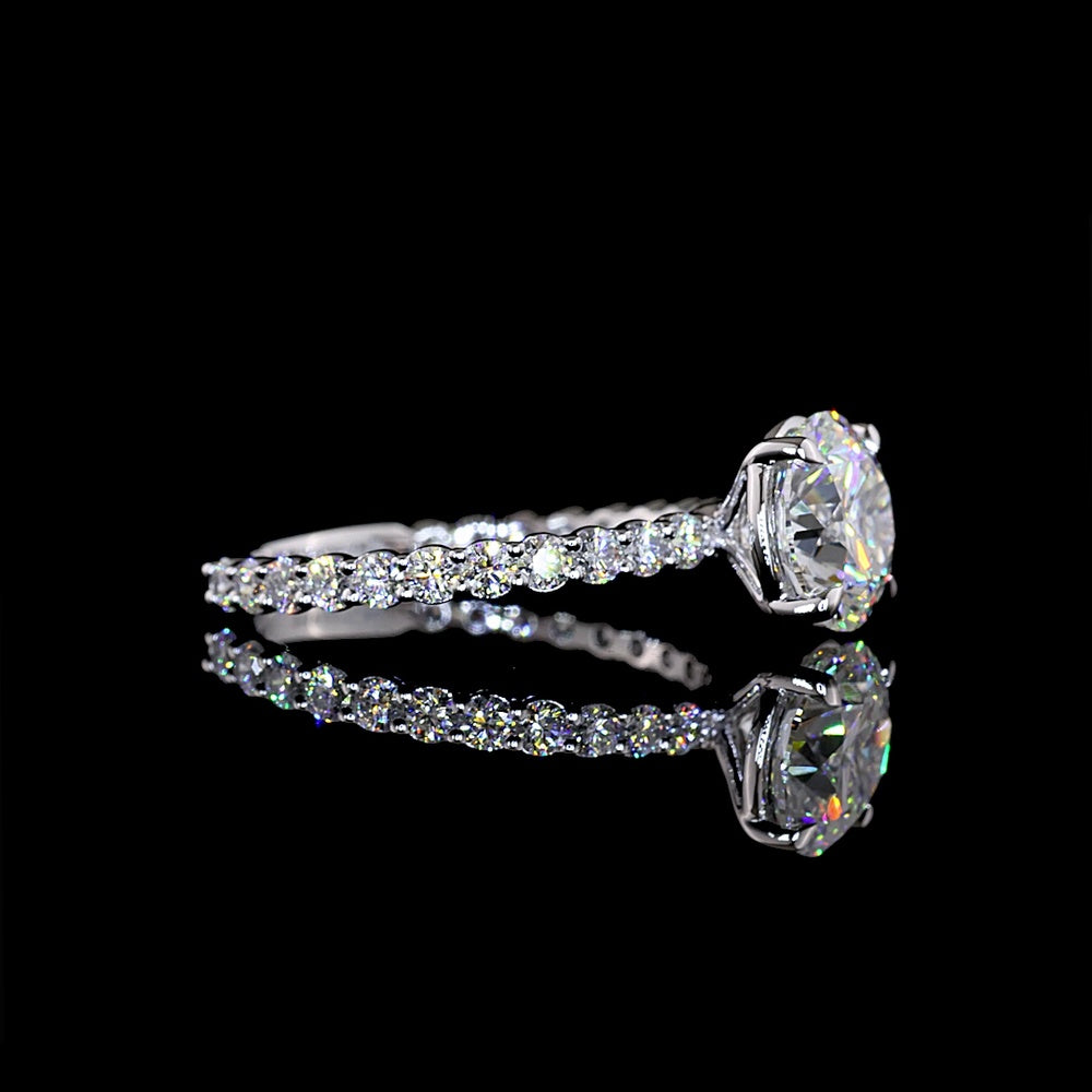 14K White Gold Round Brilliant Lab Diamond Solitaire Shank Ring with Accent Stones - 2.67 Carats Total Diamond Weight, F VVS2 Center IGI Certified - Covaloro Fine Jewelry