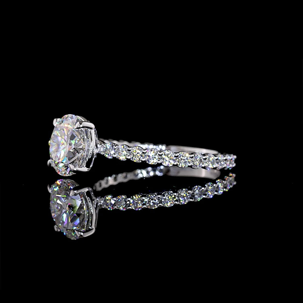 14K White Gold Round Brilliant Lab Diamond Solitaire Shank Ring with Accent Stones - 2.67 Carats Total Diamond Weight, F VVS2 Center IGI Certified - Covaloro Fine Jewelry