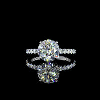 14K White Gold Round Brilliant Solitaire Engagement Ring with Diamond Shank - 2.56 Carat Center E VVS2 Lab Diamond, Total 3.22 Carats - Covaloro Fine Jewelry