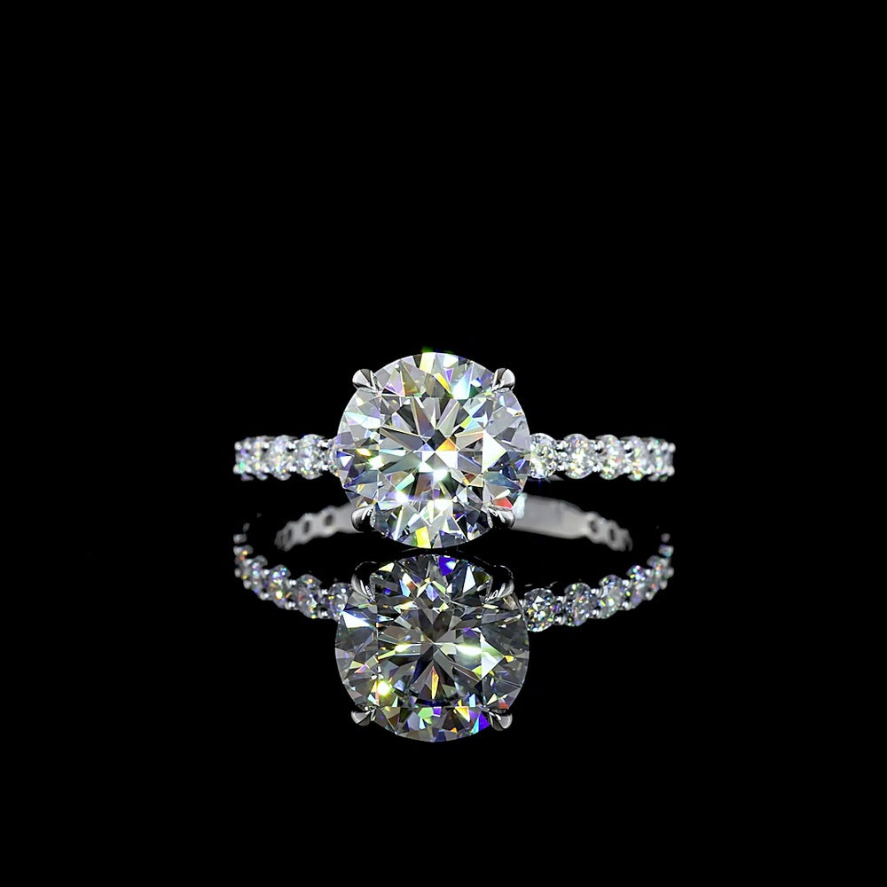 14K White Gold Round Brilliant Solitaire Engagement Ring with Diamond Shank - 2.56 Carat Center E VVS2 Lab Diamond, Total 3.22 Carats - Covaloro Fine Jewelry