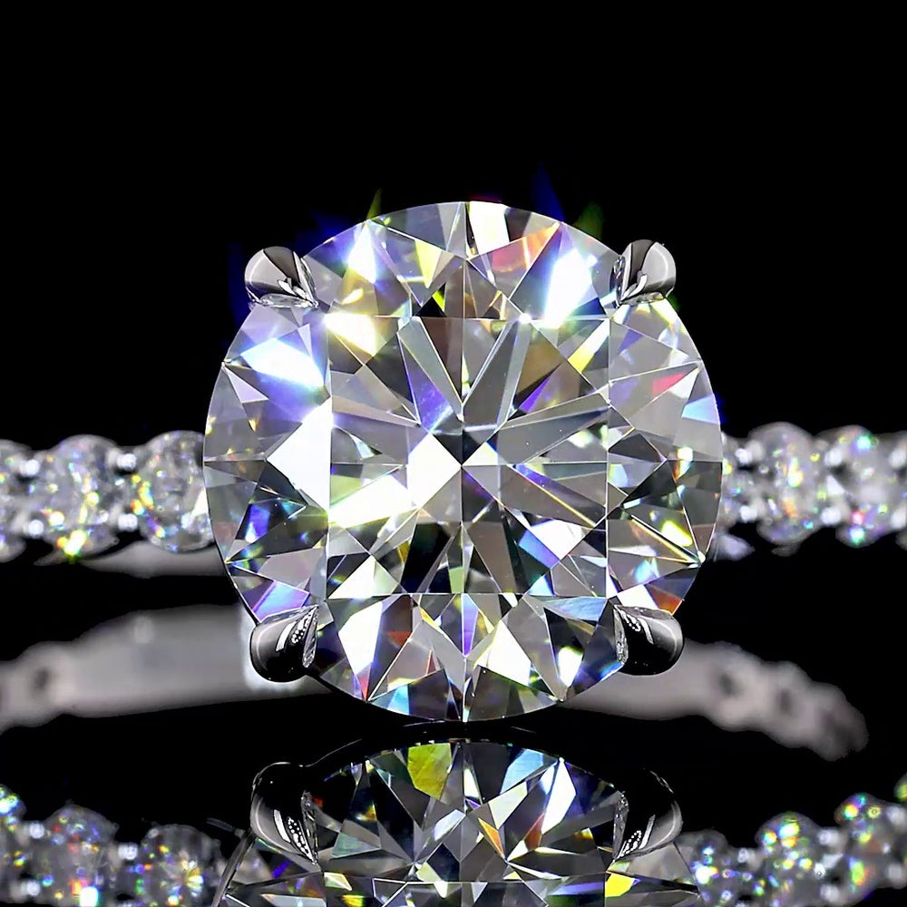 14K White Gold Round Brilliant Solitaire Engagement Ring with Diamond Shank - 2.56 Carat Center E VVS2 Lab Diamond, Total 3.22 Carats - Covaloro Fine Jewelry