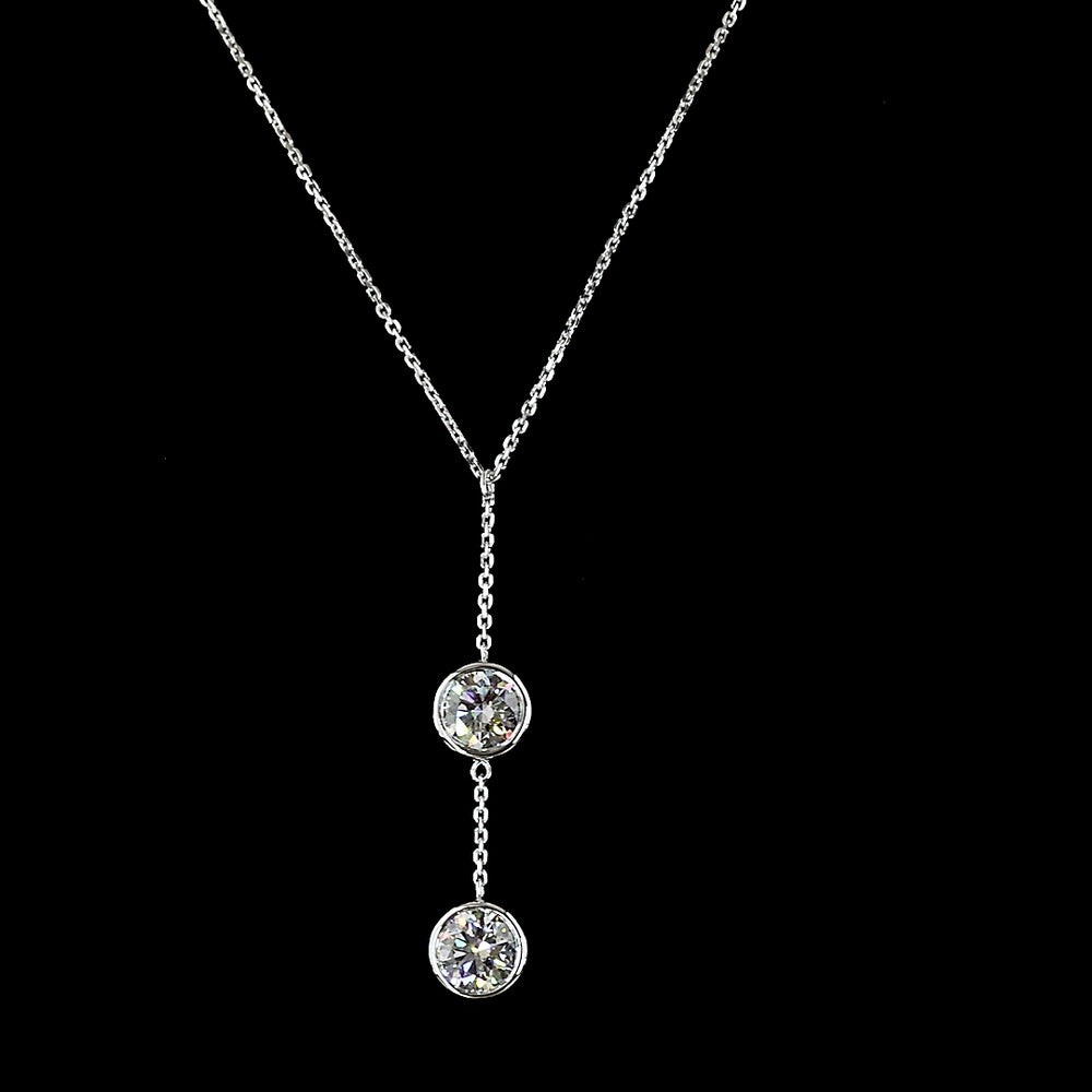 14K White Gold Round Brilliant Two-Stone Lariat Pendant with Bezel Set Lab Diamonds - 2.04 Carats Total Diamond Weight - Covaloro Fine Jewelry