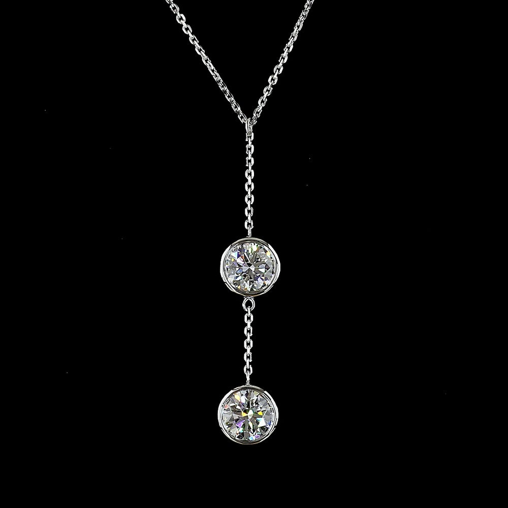 14K White Gold Round Brilliant Two-Stone Lariat Pendant with Bezel Set Lab Diamonds - 2.04 Carats Total Diamond Weight - Covaloro Fine Jewelry