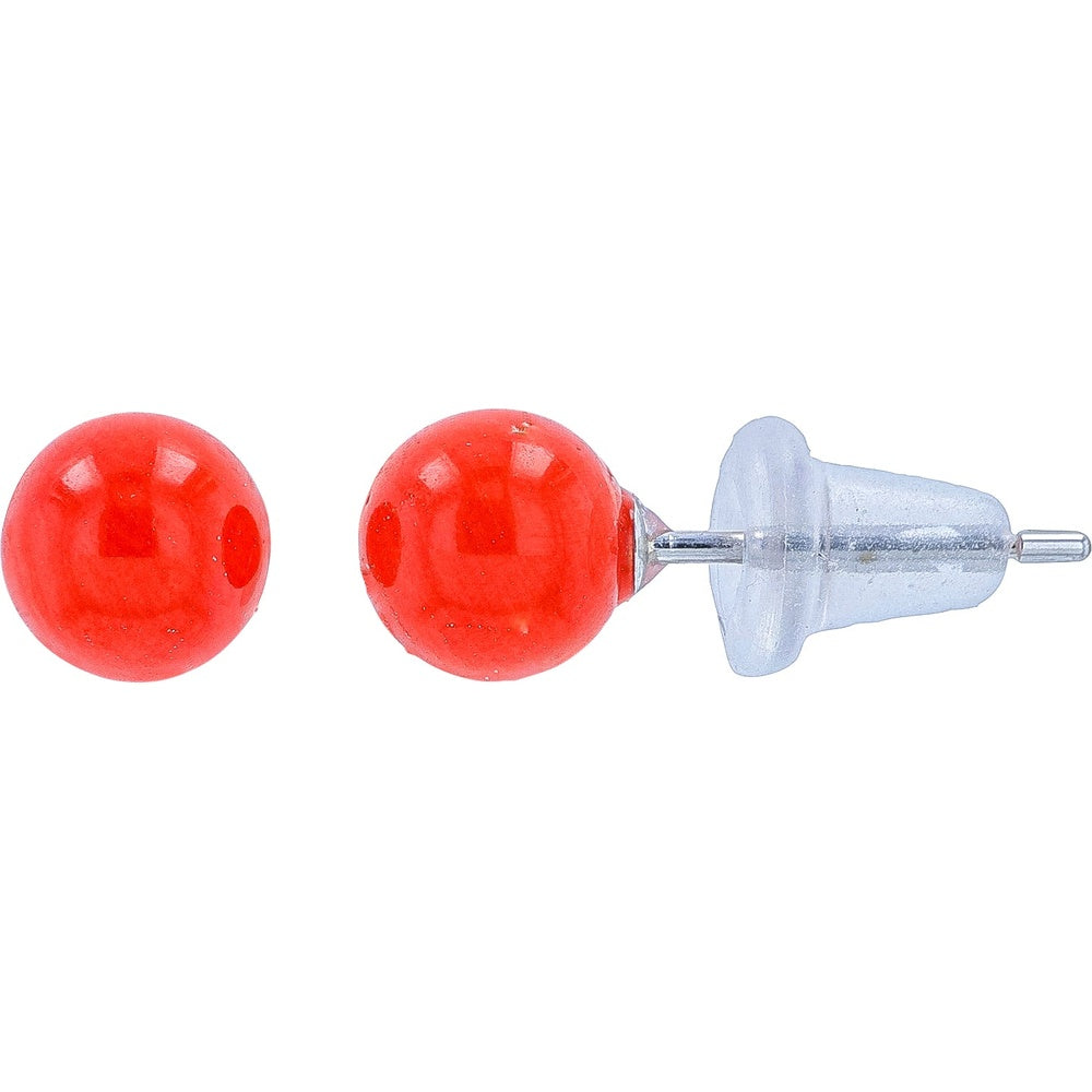 14K White Gold Round Coral Stud Earrings with Secure Friction Backs - Vibrant Red-Orange Natural Gemstone