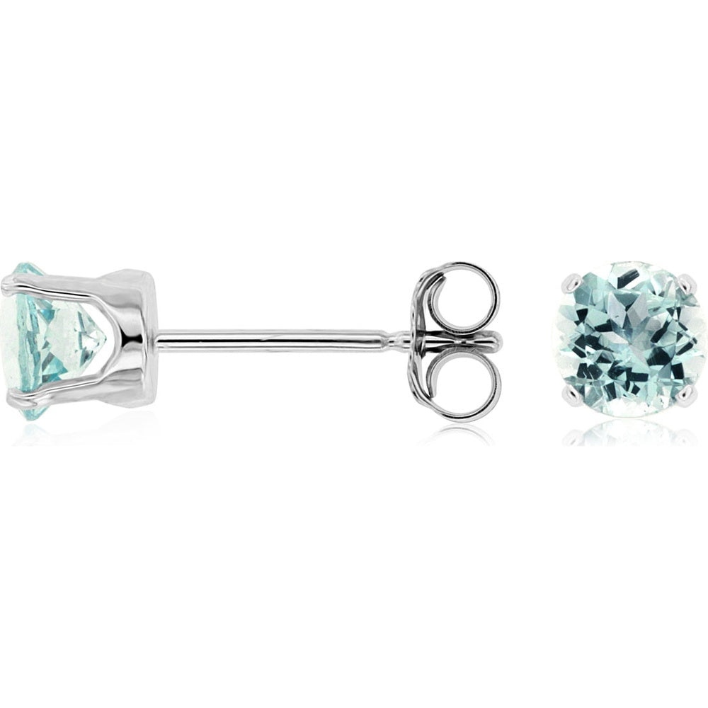 14K White Gold Round-Cut Aquamarine Stud Earrings with Secure Push-Back Clasps - 0.88 Carat Total Gem Weight - Royal Jewelry