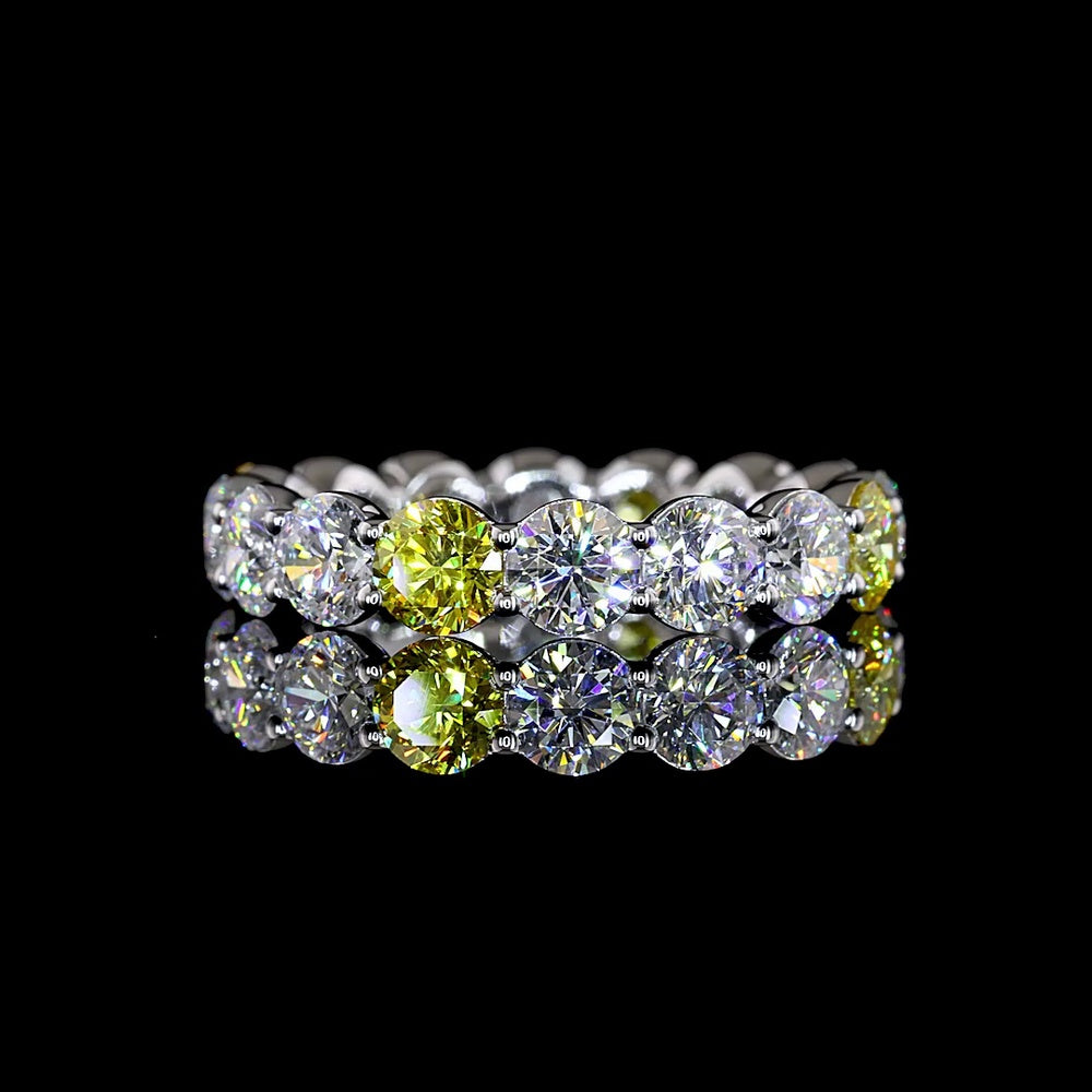 14K White Gold Round Cut Eternity Band with Fancy Vivid Yellow and White Lab Diamonds - 4.67 Carat Total Weight - Covaloro Fine Jewelry