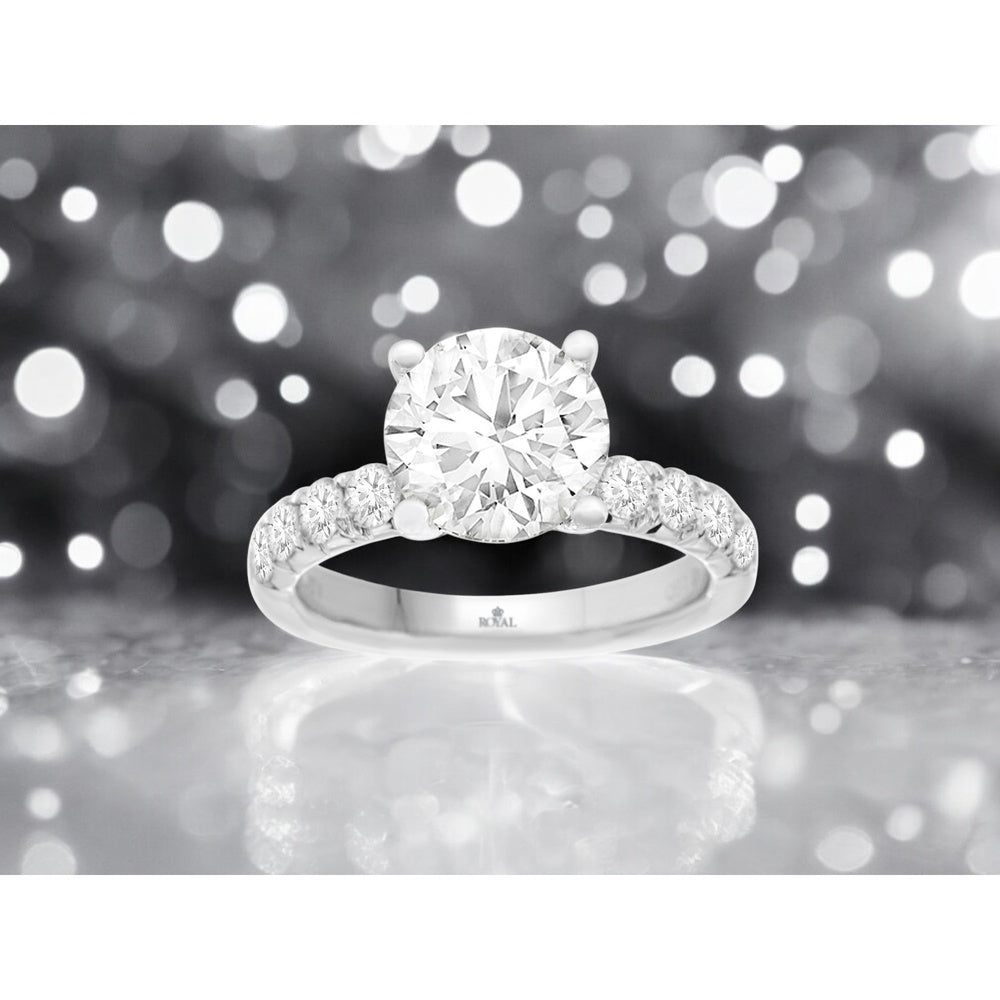 14K White Gold Round Cut Lab Grown Diamond Engagement Ring with Accented Band - 4.00 Carat Total Diamond Weight - Royal Jewelry