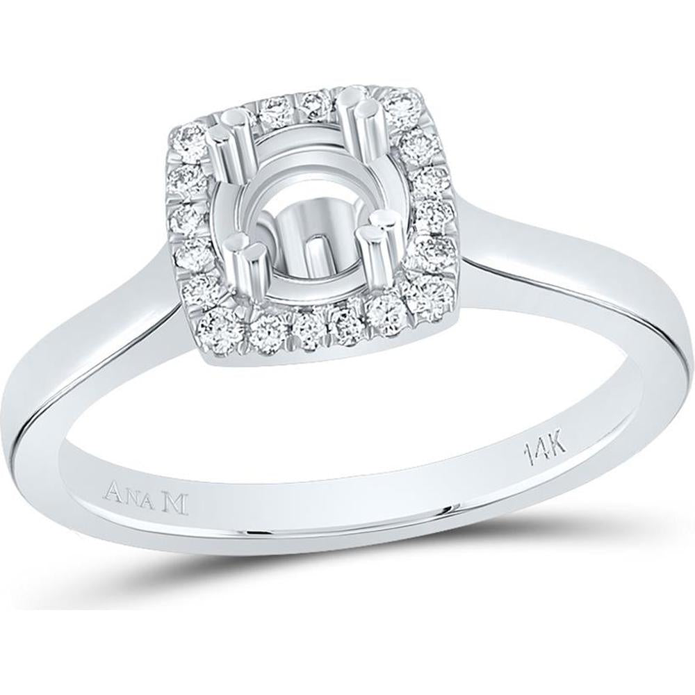 14K White Gold Round Diamond 1/2 Ct Center Semi-Mount Bridal Ring with Halo - 1/4 Ct Total Diamond Weight