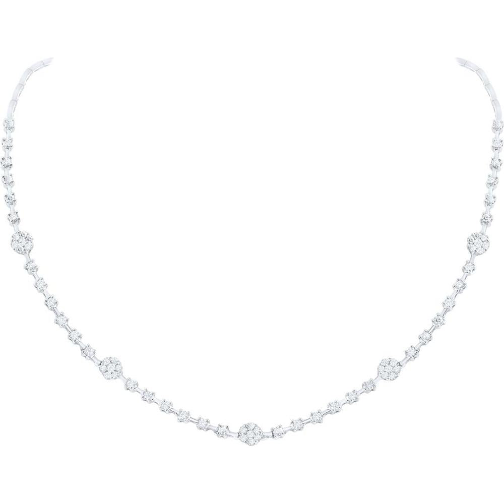 14K White Gold Round Diamond 16-Inch Flower Cluster Necklace - 2 Carat Total Diamond Weight