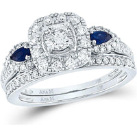 14K White Gold Round Diamond and Blue Sapphire 3-Stone Bridal Wedding Ring Set - 7/8 Carat Total Gem Weight
