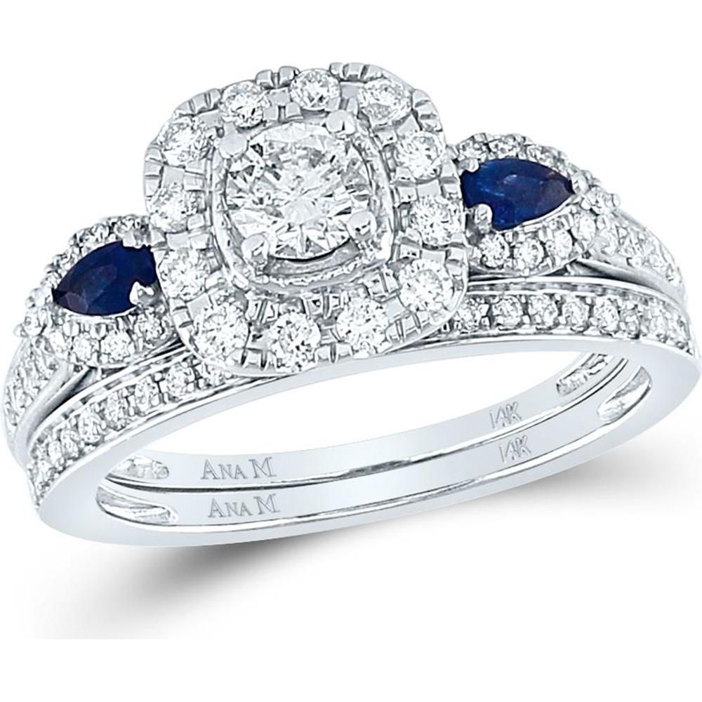 14K White Gold Round Diamond and Blue Sapphire 3-Stone Bridal Wedding Ring Set - 7/8 Carat Total Gem Weight