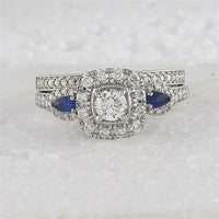 14K White Gold Round Diamond and Blue Sapphire 3-Stone Bridal Wedding Ring Set - 7/8 Carat Total Gem Weight