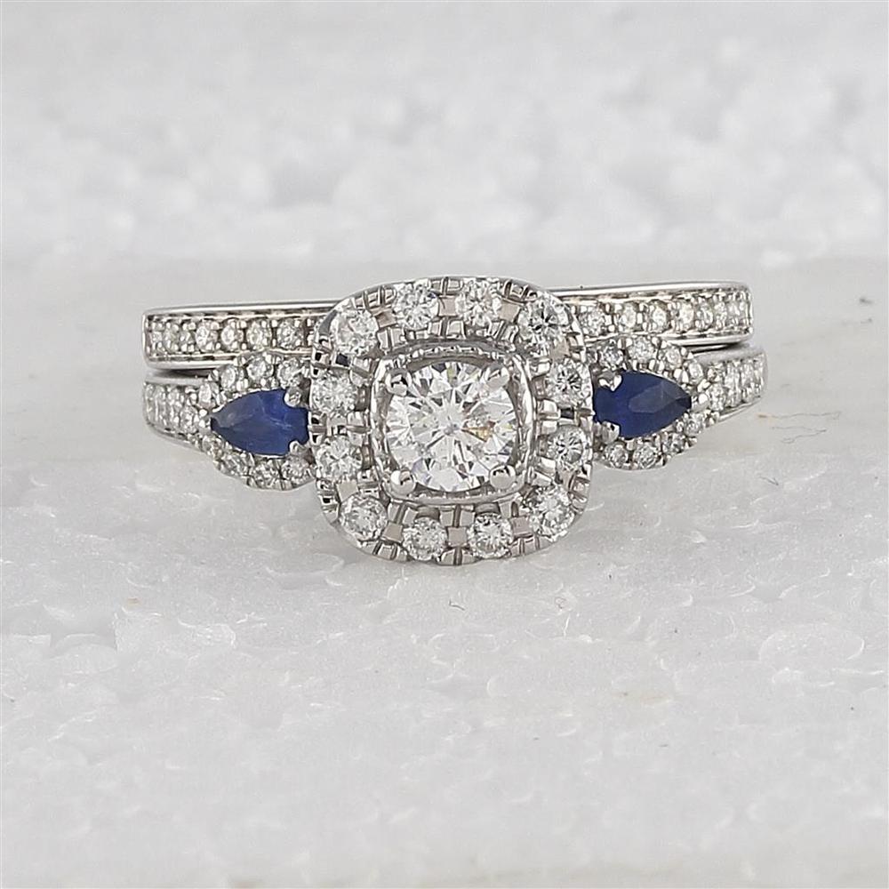 14K White Gold Round Diamond and Blue Sapphire 3-Stone Bridal Wedding Ring Set - 7/8 Carat Total Gem Weight