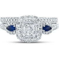 14K White Gold Round Diamond and Blue Sapphire 3-Stone Bridal Wedding Ring Set - 7/8 Carat Total Gem Weight
