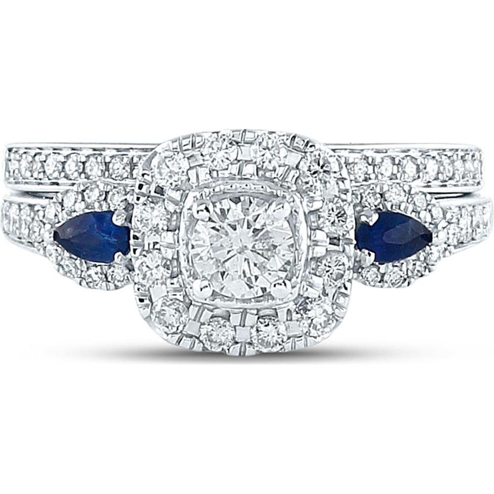 14K White Gold Round Diamond and Blue Sapphire 3-Stone Bridal Wedding Ring Set - 7/8 Carat Total Gem Weight