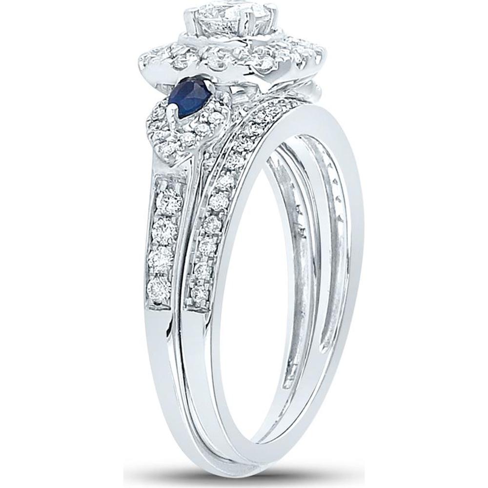 14K White Gold Round Diamond and Blue Sapphire 3-Stone Bridal Wedding Ring Set - 7/8 Carat Total Gem Weight